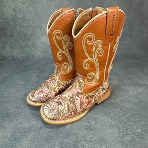 Twister Western Cowboy Boots Floral Leather Kids Size 10 Brown Pink
